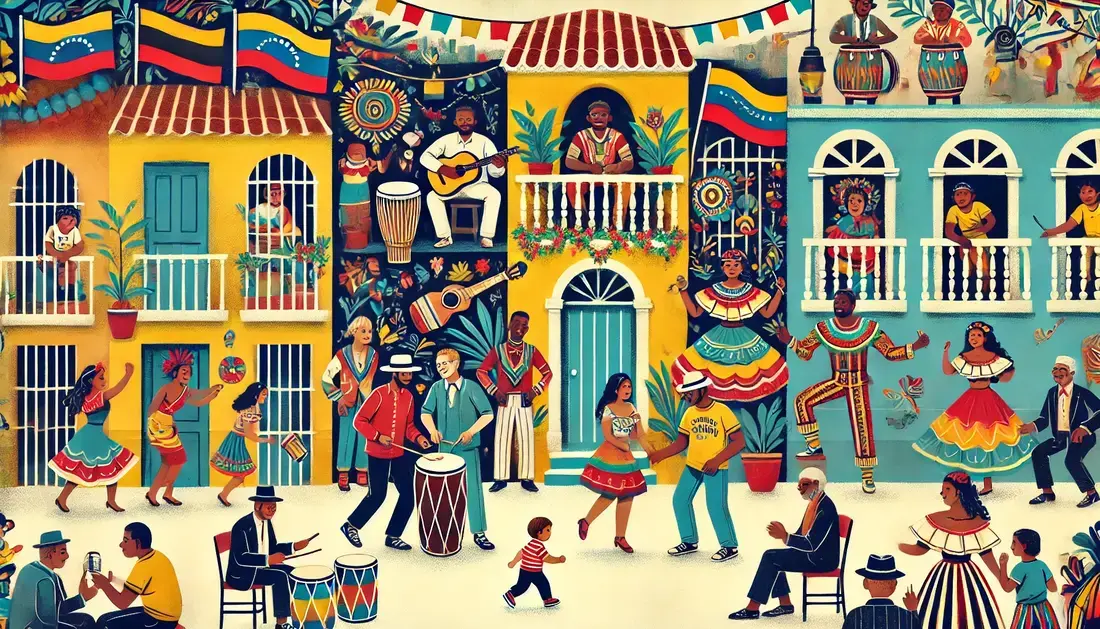 la imagen que representa tu experiencia creciendo en un barrio con una fuerte influencia afrovenezolana y aprendiendo a bailar tambor